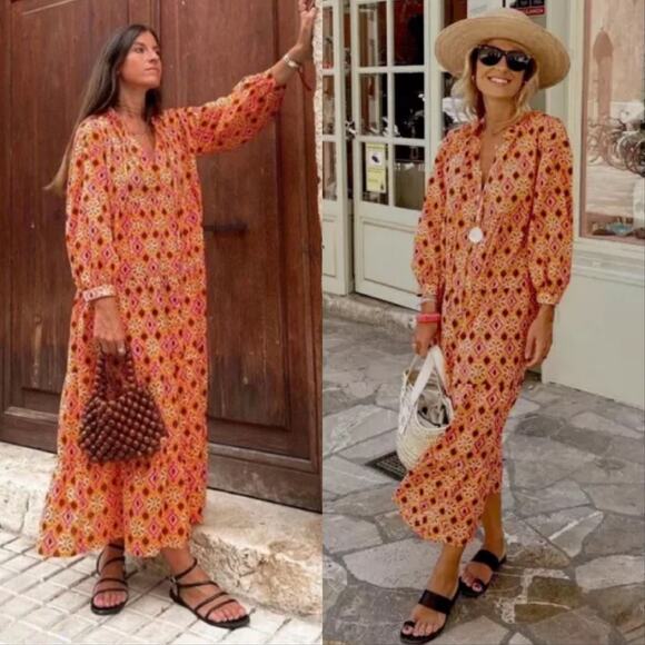 Zara Dresses & Skirts - Zara Selma Printed Blogger Fave Maxi Dress Orange Multi